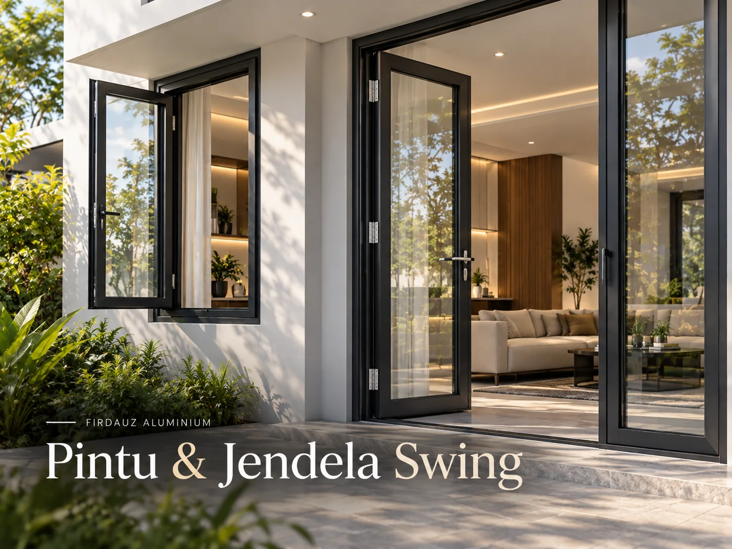Referensi pintu swing dengan panel kaca dan kusen aluminium