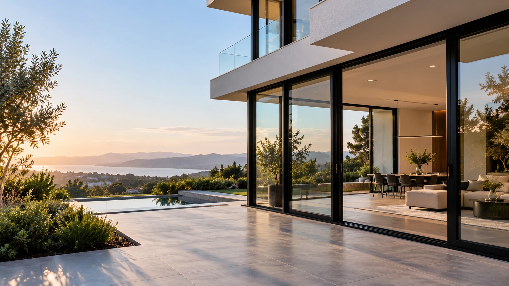 Referensi arsitektur rumah modern dengan bidang kaca besar dan elemen aluminium